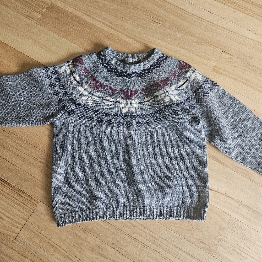 EMS 100% Wool Gray Knit Sweater with Patterned Yoke